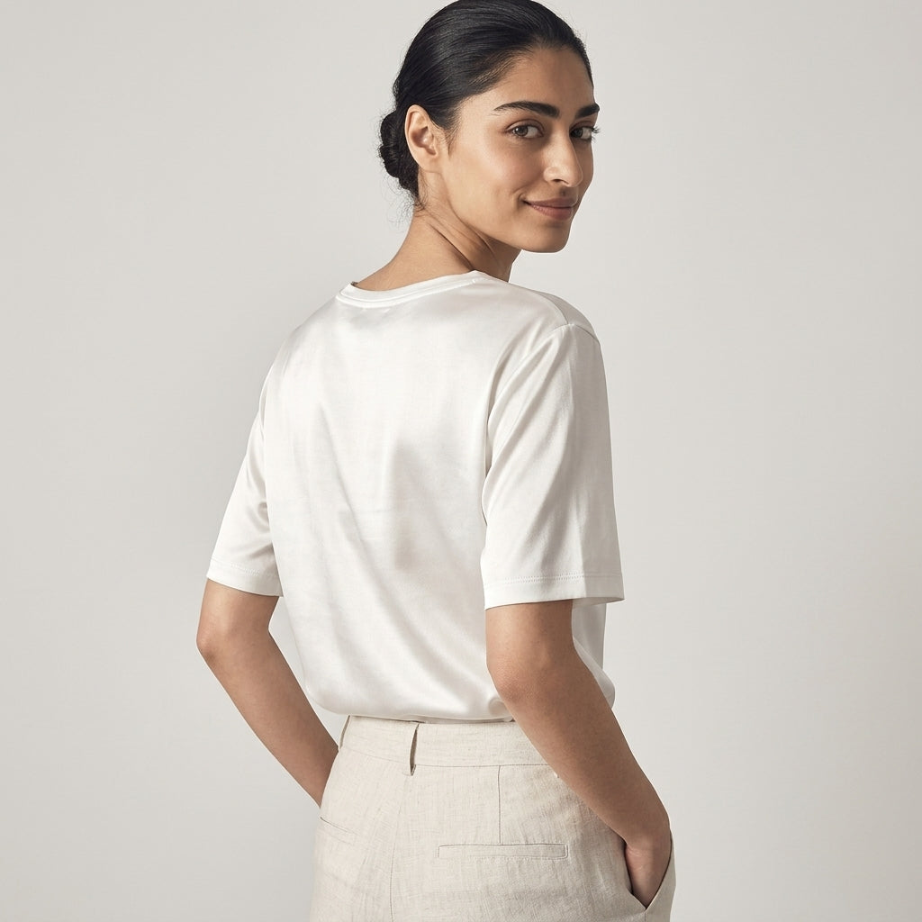 100 % ORGANIC MULBERRY SILK TRI-ACETATE WRINKLE FREE V NECK TEE - WHITE