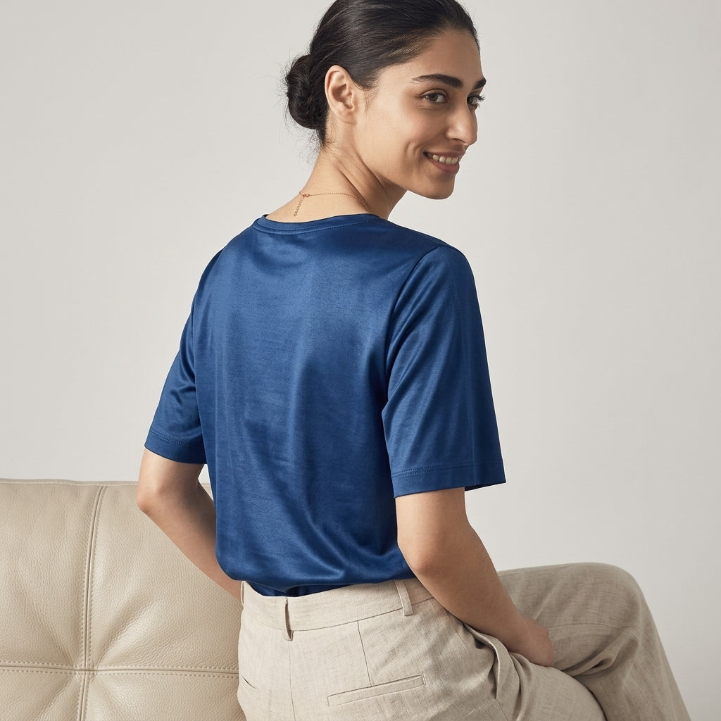 100 % ORGANIC MULBERRY SILK TRI-ACETATE WRINKLE FREE V NECK TEE - ROYAL BLUE alt