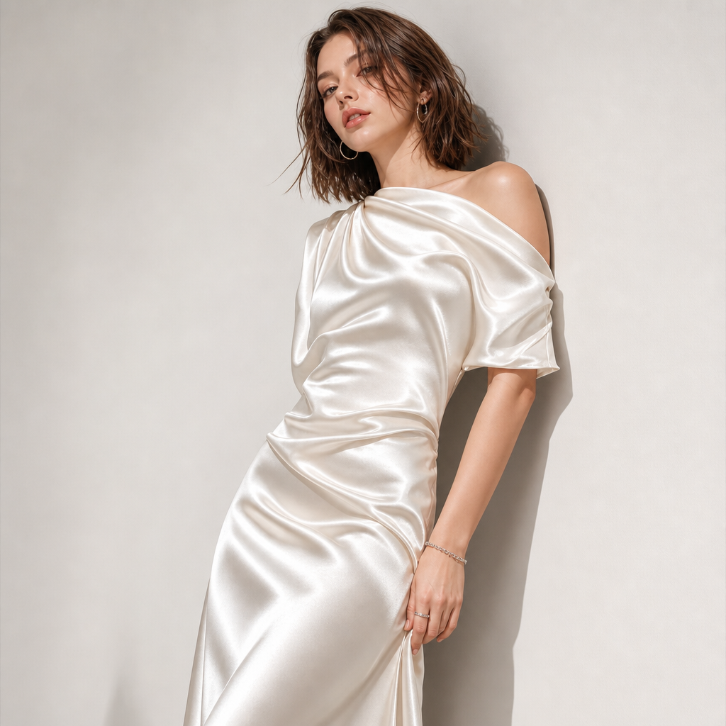 100 % ORGANIC MULBERRY SILK TRI-ACETATE WRINKLE FREE DRESS - MILKY WHITE
