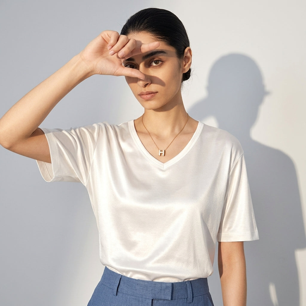 100 % ORGANIC MULBERRY SILK TRI-ACETATE WRINKLE FREE V NECK TEE - WHITE alt