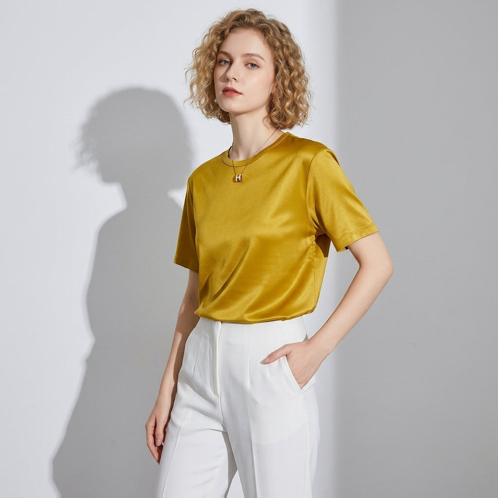 100 % ORGANIC MULBERRY SILK TRI-ACETATE WRINKLE FREE ROUND NECK TEE - MUSTARD YELLOW alt