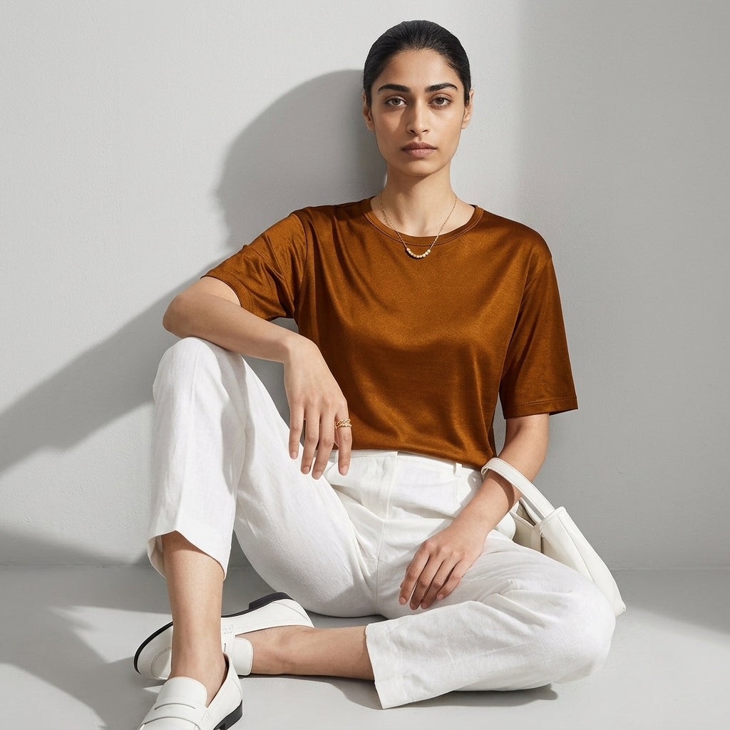 100 % ORGANIC MULBERRY SILK TRI-ACETATE WRINKLE FREE ROUND NECK TEE - CARAMEL BROWN alt