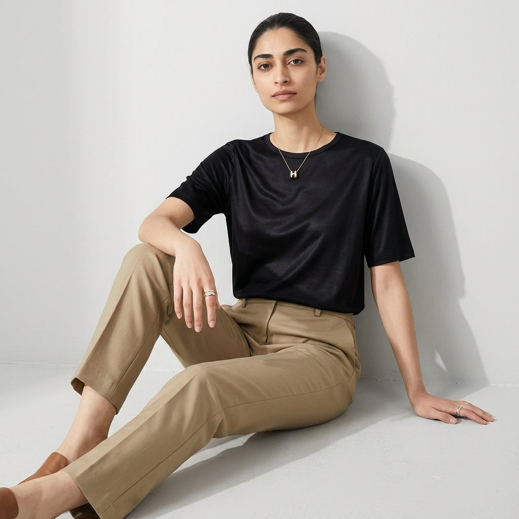 100 % ORGANIC MULBERRY SILK TRI-ACETATE WRINKLE FREE ROUND NECK TEE - BLACK