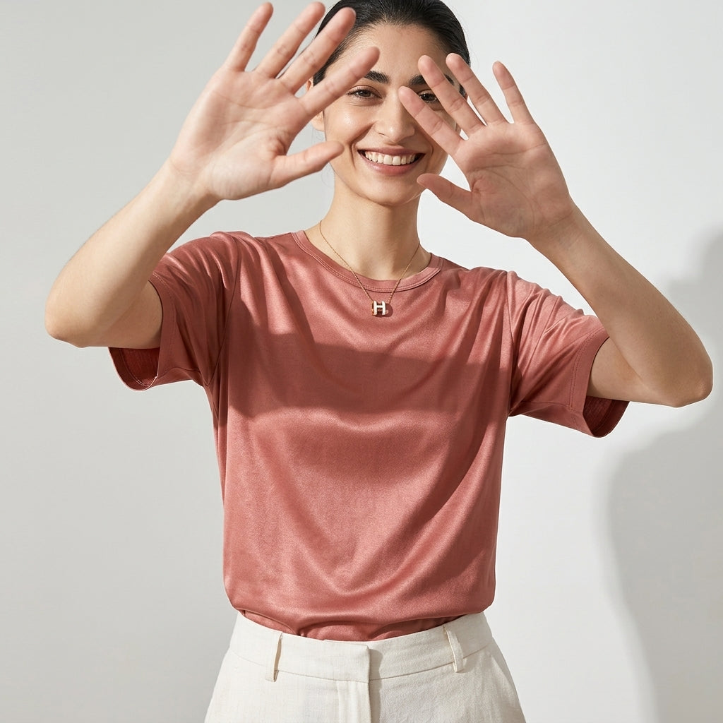 100 % ORGANIC MULBERRY SILK TRI-ACETATE WRINKLE FREE ROUND NECK TEE - ROSE PINK