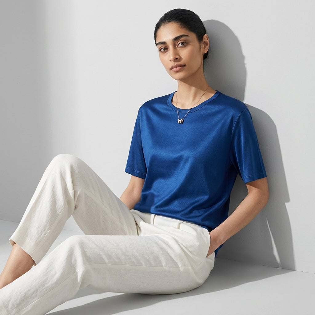 100 % ORGANIC MULBERRY SILK TRI-ACETATE WRINKLE FREE ROUND NECK TEE - ROYAL BLUE