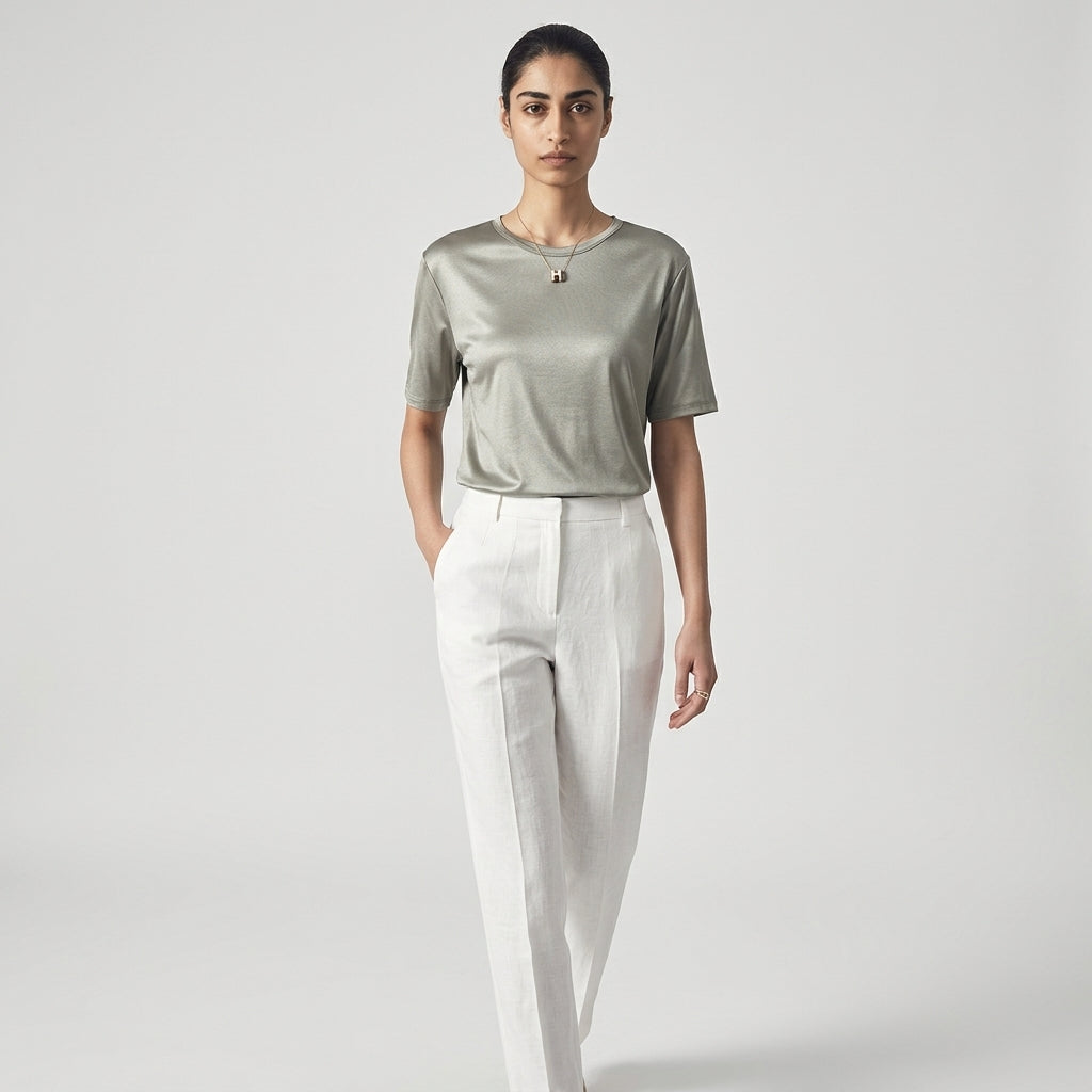 100 % ORGANIC MULBERRY SILK TRI-ACETATE WRINKLE FREE ROUND NECK TEE - LIGHT GREY alt