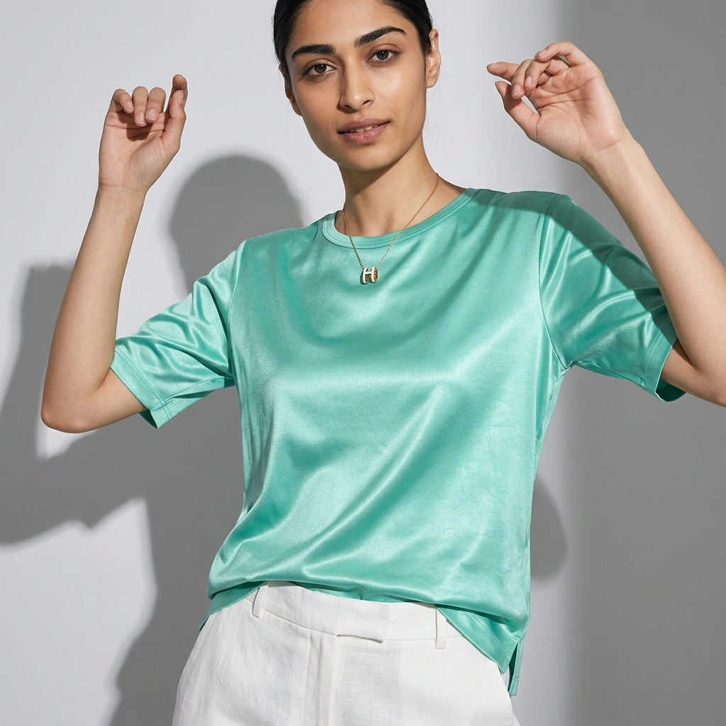 100 % ORGANIC MULBERRY SILK TRI-ACETATE WRINKLE FREE ROUND NECK TEE - AQUA alt