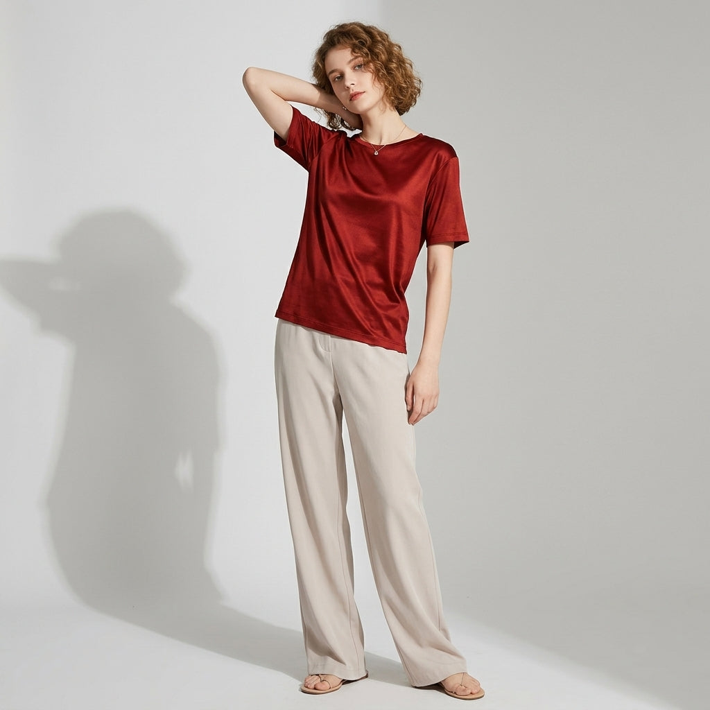 100 % ORGANIC MULBERRY SILK TRI-ACETATE WRINKLE FREE ROUND NECK TEE - CHERRY RED alt