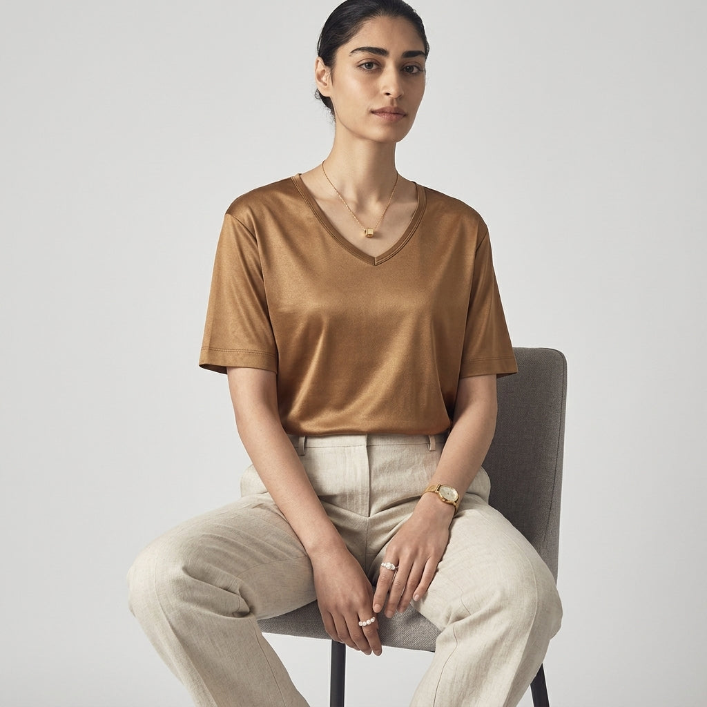 100 % ORGANIC MULBERRY SILK TRI-ACETATE WRINKLE FREE V NECK TEE - KHAKI