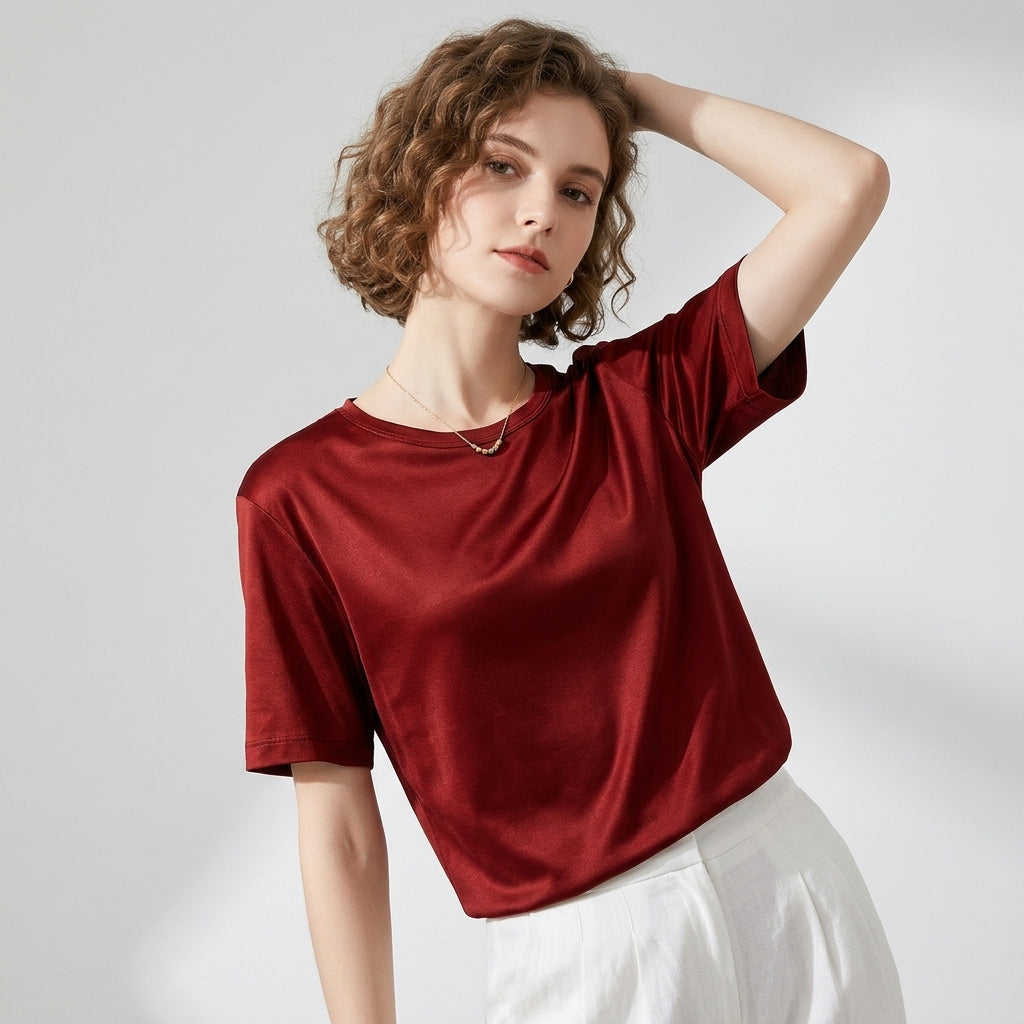 100 % ORGANIC MULBERRY SILK TRI-ACETATE WRINKLE FREE ROUND NECK TEE - CHERRY RED