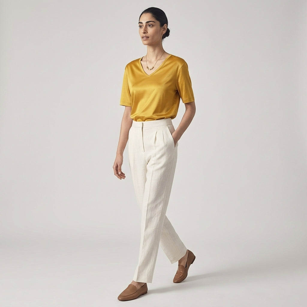 100 % ORGANIC MULBERRY SILK TRI-ACETATE WRINKLE FREE V NECK TEE - MUSTARD YELLOW alt
