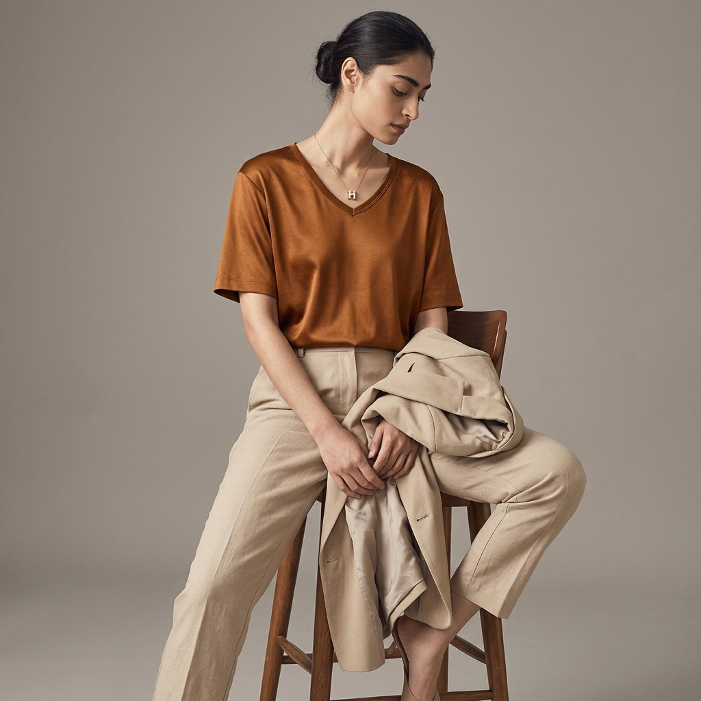 100 % ORGANIC MULBERRY SILK TRI-ACETATE WRINKLE FREE V NECK TEE - CARAMELBROWN