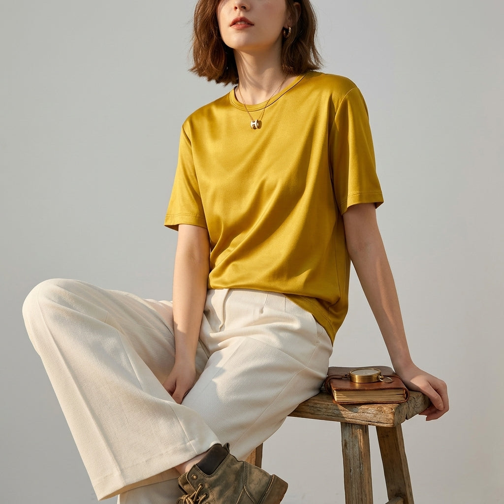 100 % ORGANIC MULBERRY SILK TRI-ACETATE WRINKLE FREE ROUND NECK TEE - MUSTARD YELLOW