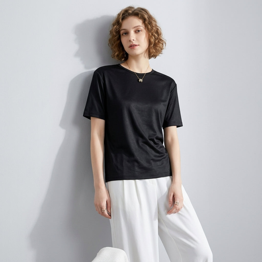 100 % ORGANIC MULBERRY SILK TRI-ACETATE WRINKLE FREE ROUND NECK TEE - BLACK alt