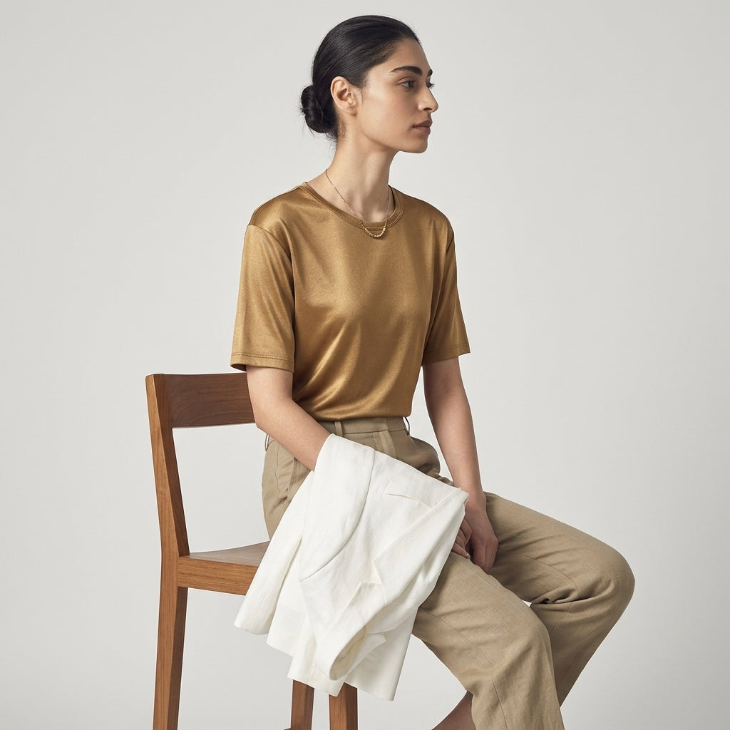 100 % ORGANIC MULBERRY SILK TRI-ACETATE WRINKLE FREE ROUND NECK TEE - KHAKI alt