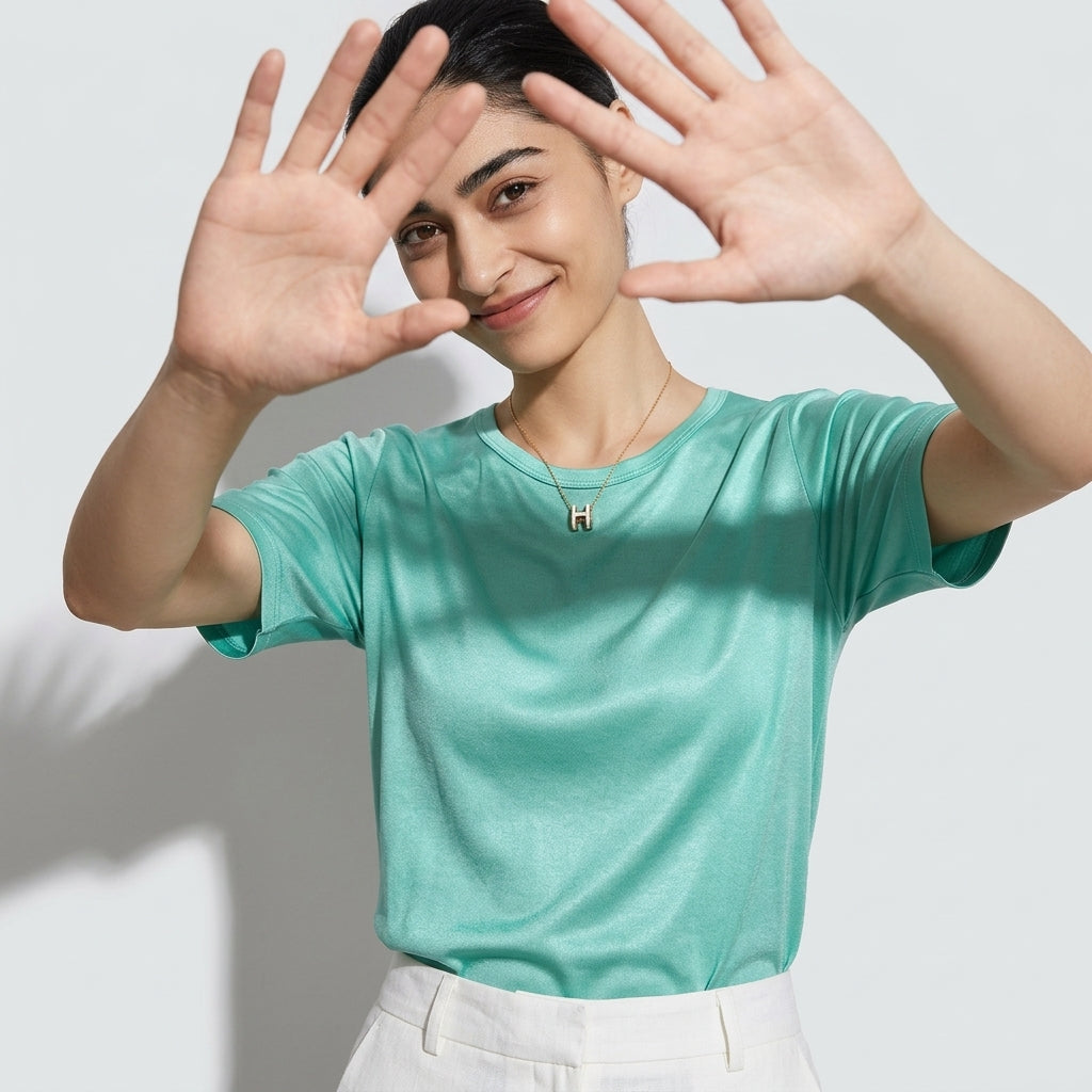 100 % ORGANIC MULBERRY SILK TRI-ACETATE WRINKLE FREE ROUND NECK TEE - AQUA