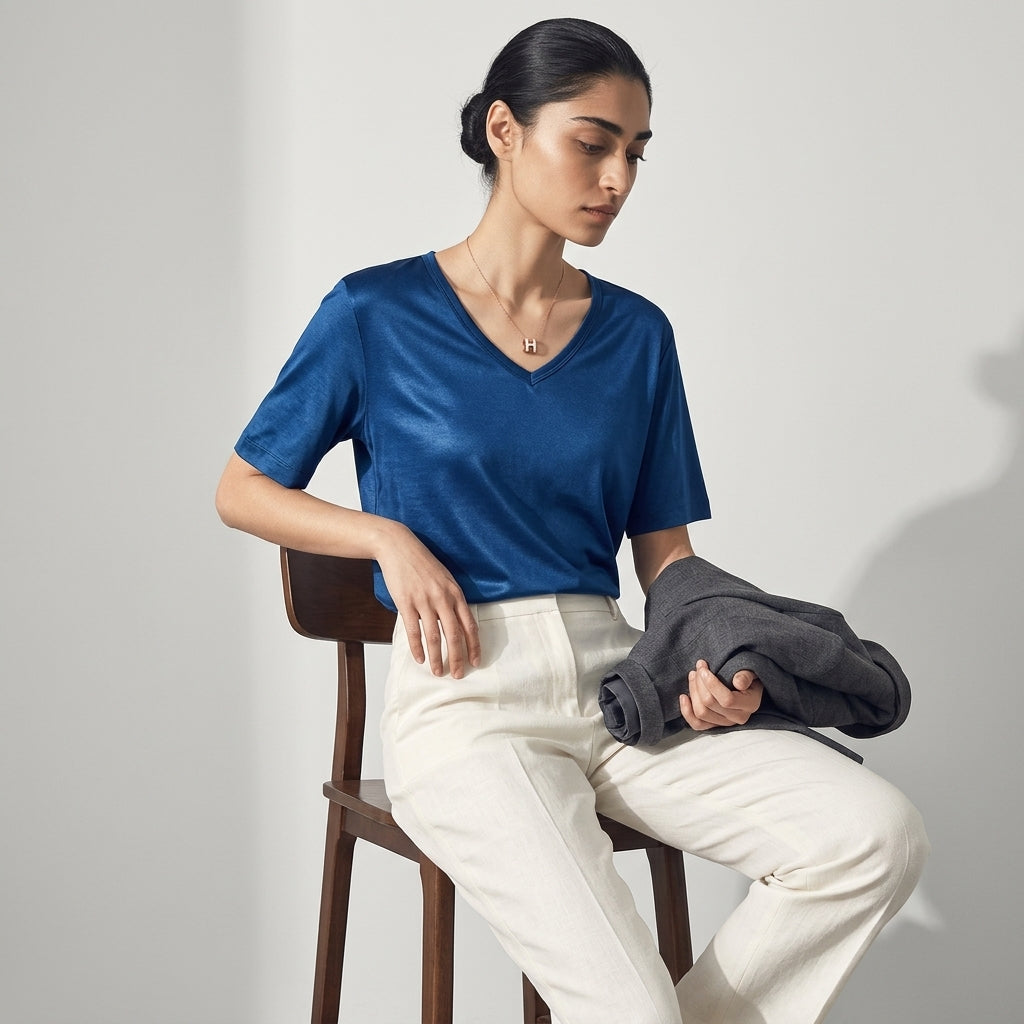 100 % ORGANIC MULBERRY SILK TRI-ACETATE WRINKLE FREE V NECK TEE - ROYAL BLUE