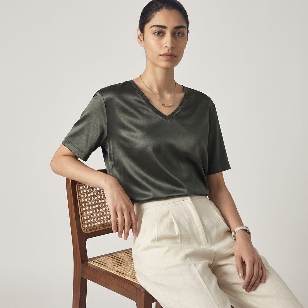 100 % ORGANIC MULBERRY SILK TRI-ACETATE WRINKLE FREE V NECK TEE - CHARCOAL GREY