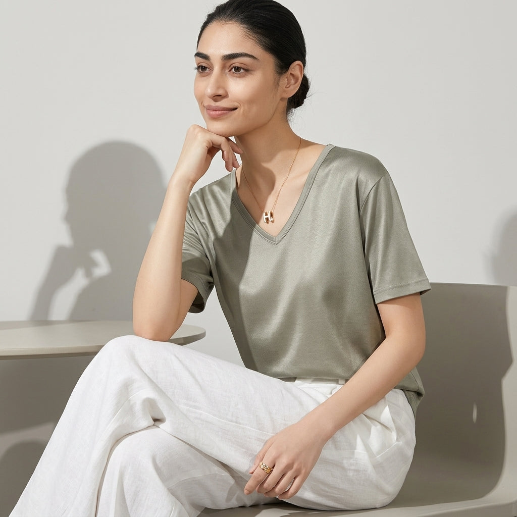 100 % ORGANIC MULBERRY SILK TRI-ACETATE WRINKLE FREE V NECK TEE - LIGHT GREY alt