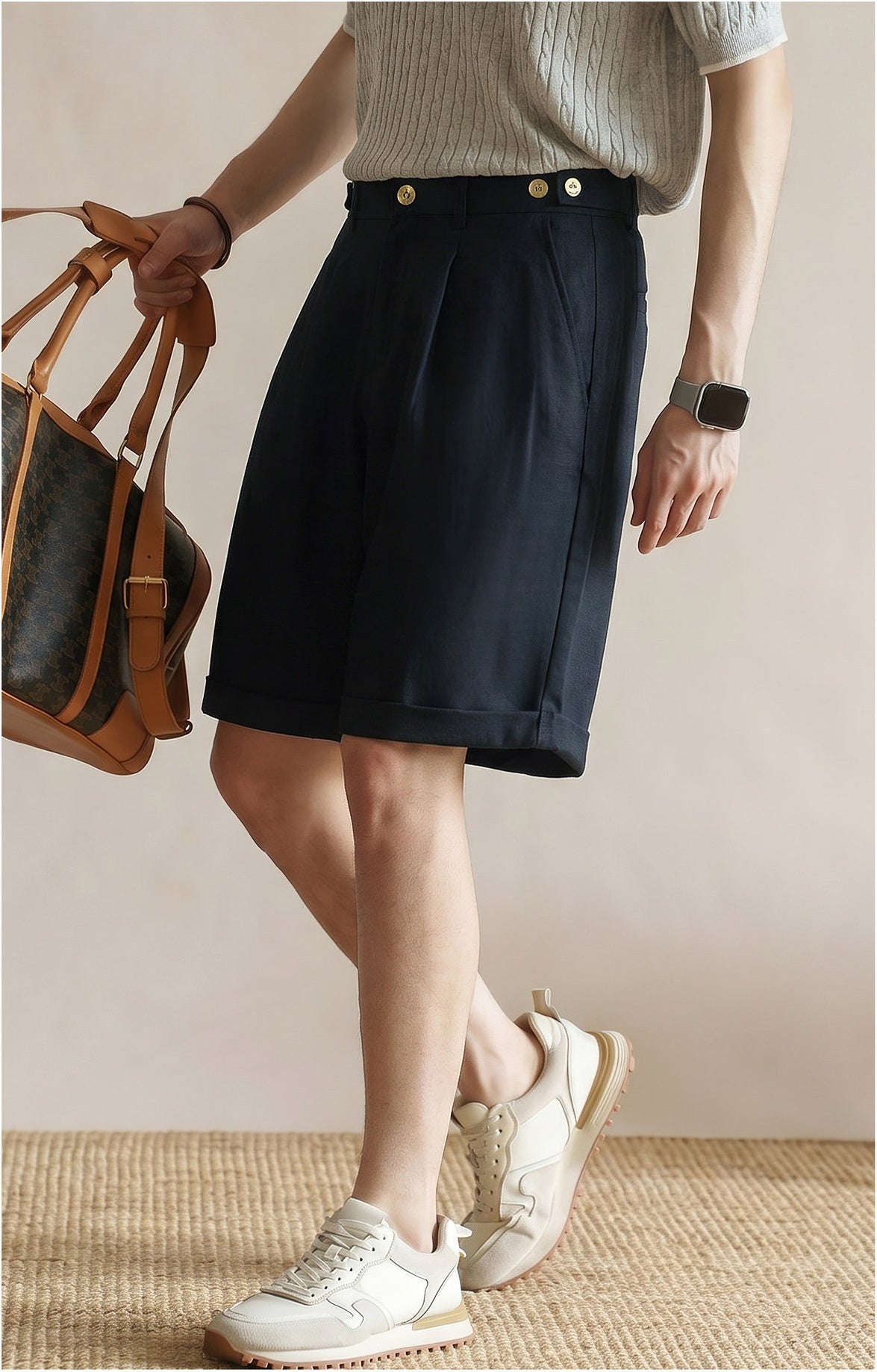 Men's Tailored 57% Lyocell - Linen Double-Pleated Shorts with Adjustable Waist - NAVYBLUE alt