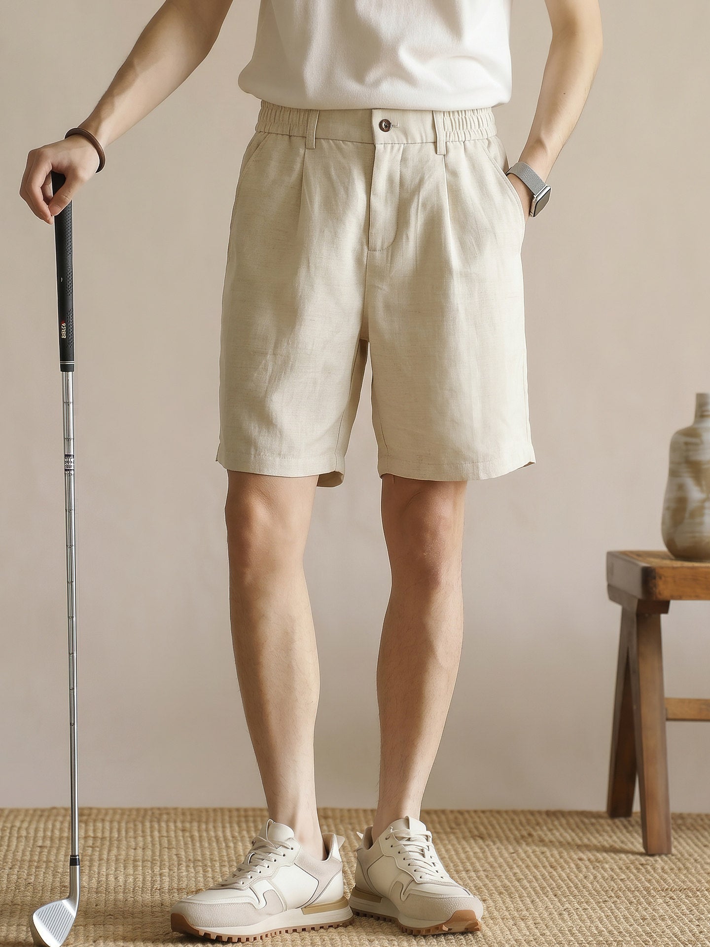 Men's 100% Pure Linen Single-Pleat Elastic Waist Shorts - HEMP alt