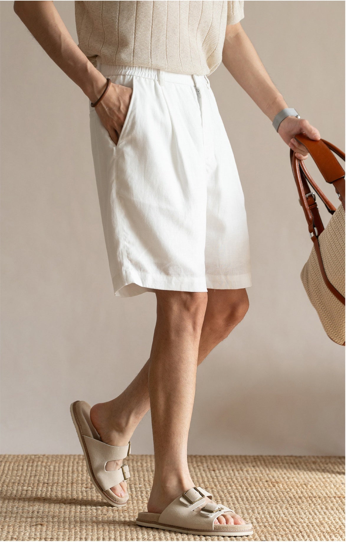 Men's Pleated 77% Lyocell - Linen Blend Summer Resort Shorts – 7" Inseam Elastic Waist  - OFFWHITE alt