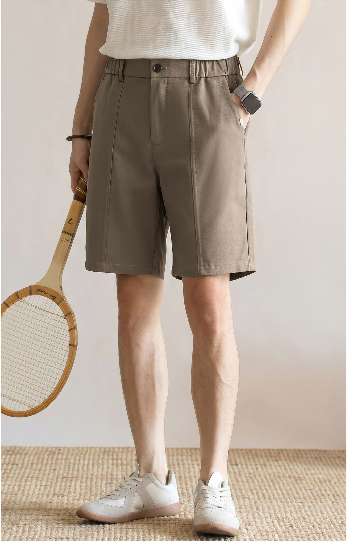 Men's Summer Japanese Style Cooling Casual Shorts - Knee-length with Half-Elastic Waist - KHAKI alt