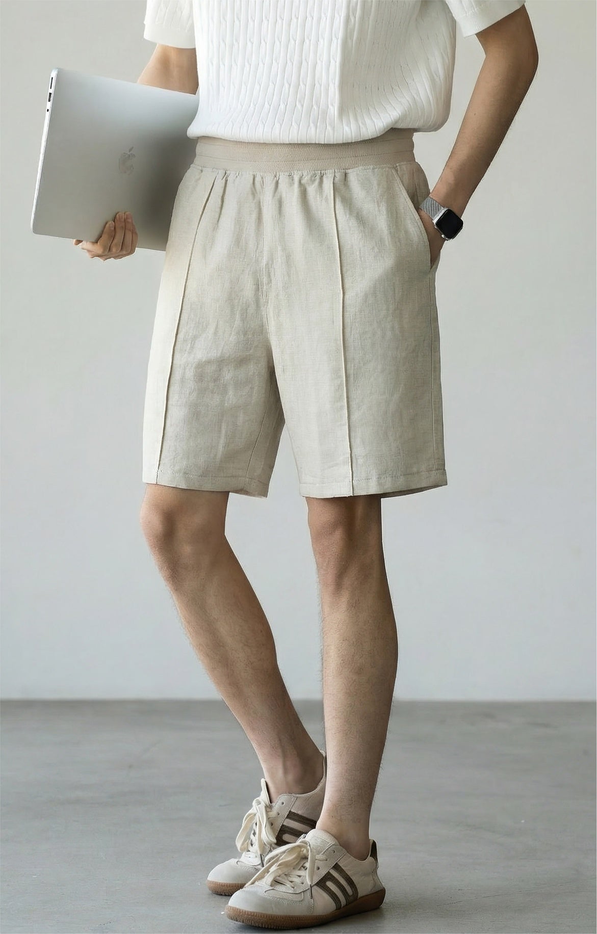 Men's 57 % Linen Drawstring Elastic Waist Shorts – Breathable Pintuck Summer Lounge Shorts - FLAX alt