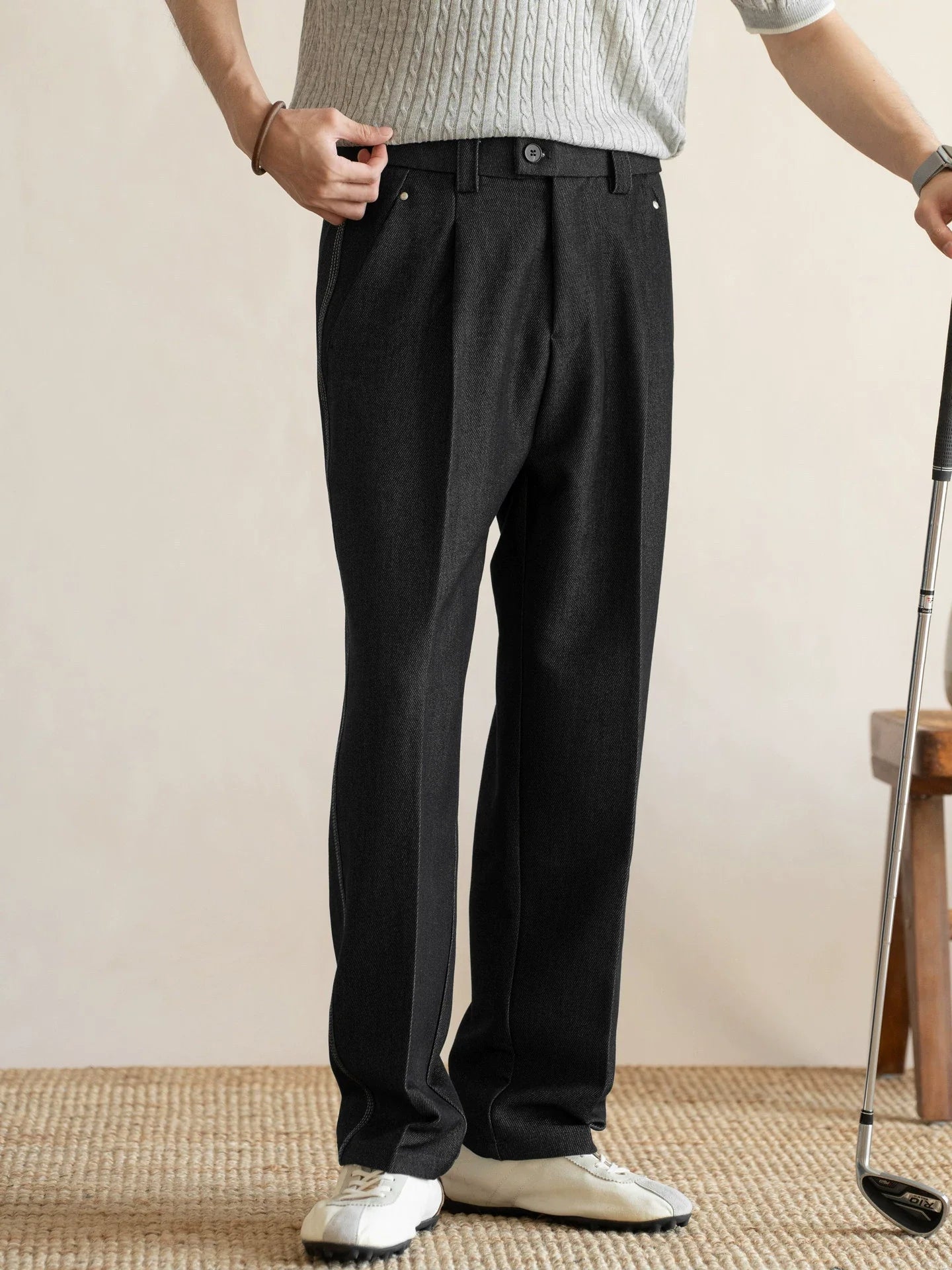 Retro Single-Pleated Textured Straight Trousers with Cool-Touch Stretch - CHARCOAL BLACK alt