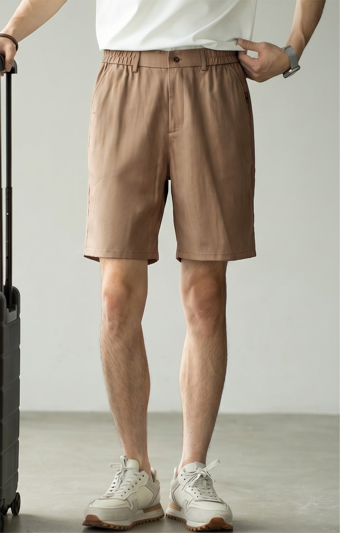 Men's Korean Minimalist High-Drape 92% Lyocell Shorts - Elastic Waist - KHAKI alt