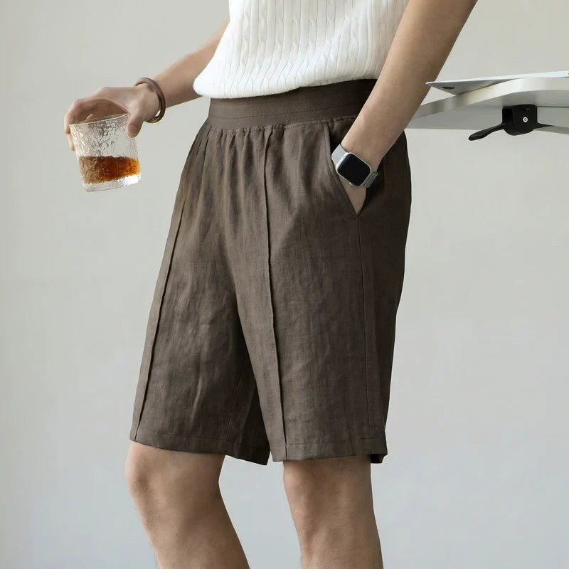 Men's 57 % Linen Drawstring Elastic Waist Shorts – Breathable Pintuck Summer Lounge Shorts - COFFEE alt