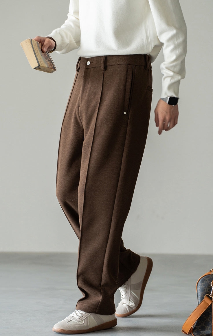 Pleated Woollen Pin Tuck Casual Trousers in Coffee Brown alt