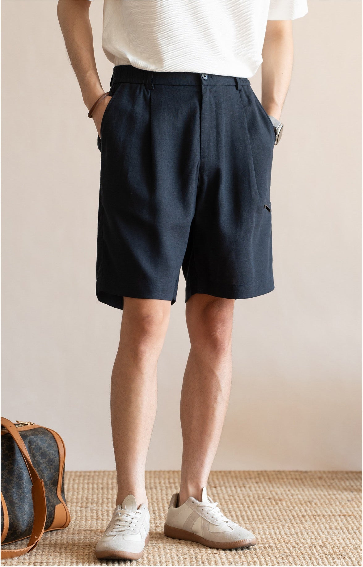 Men's Pleated 77% Lyocell - Linen Blend Summer Resort Shorts – 7" Inseam Elastic Waist  - DEEPBLUE alt