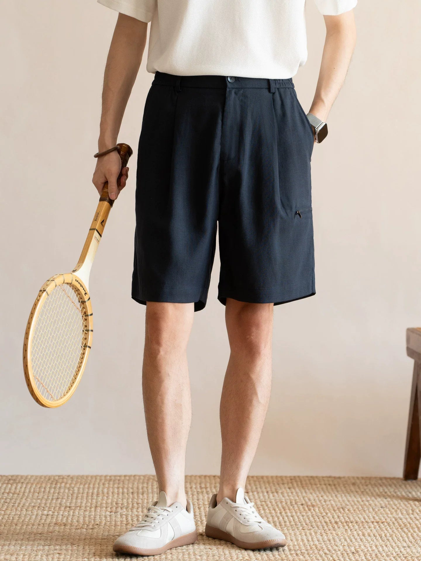 Men's Pleated 77% Lyocell - Linen Blend Summer Resort Shorts – 7" Inseam Elastic Waist - DEEPBLUE