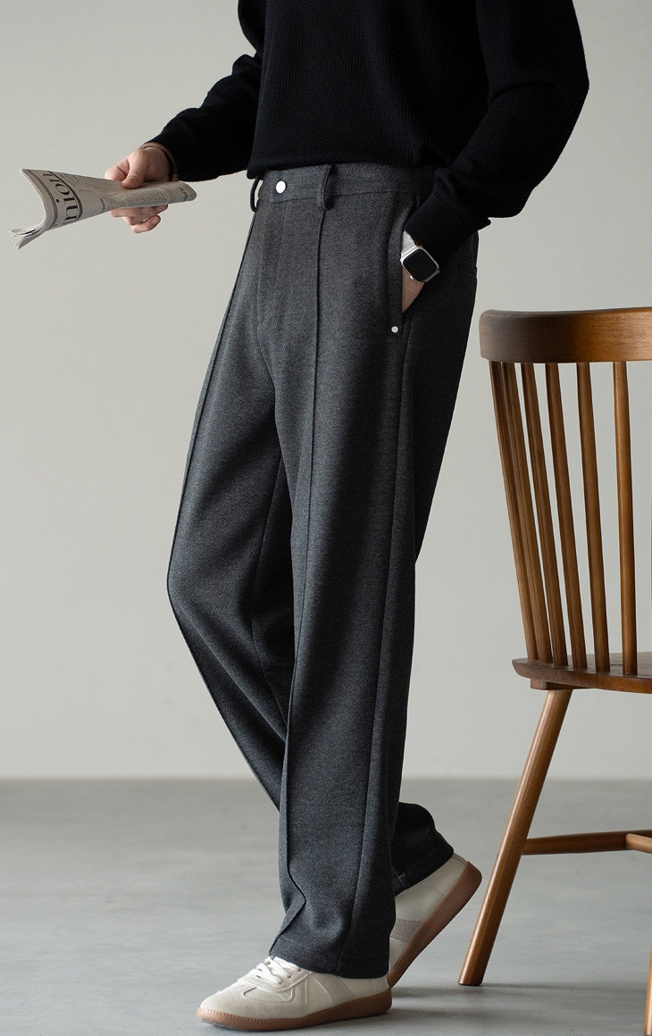 Pleated Woollen Pin Tuck Casual Trousers in Dark Grey alt