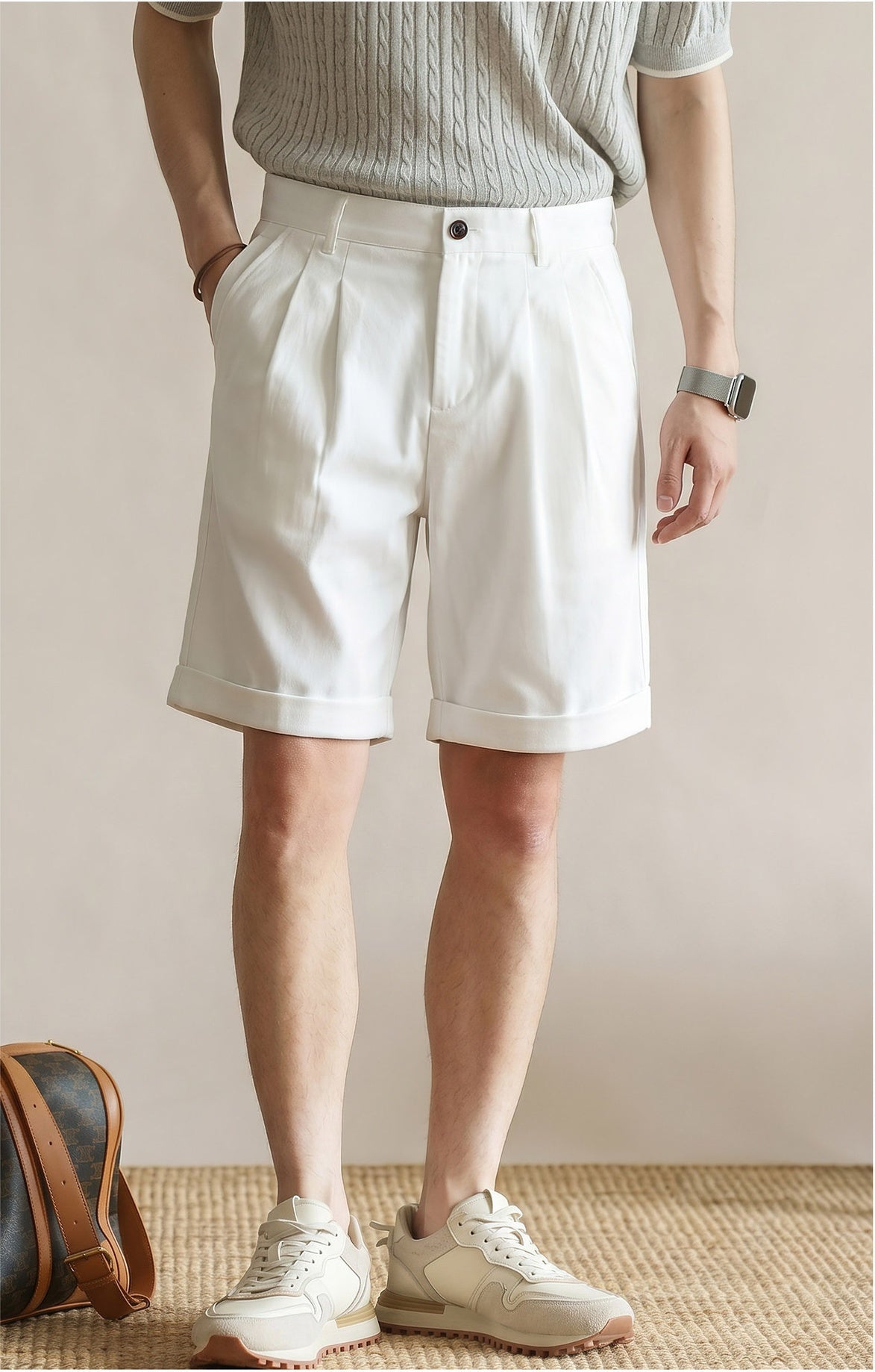 Men's Quiet Luxury Japanese Style 57% Lyocell-Cotton Blend Tailored Bermuda Shorts - WHITE alt
