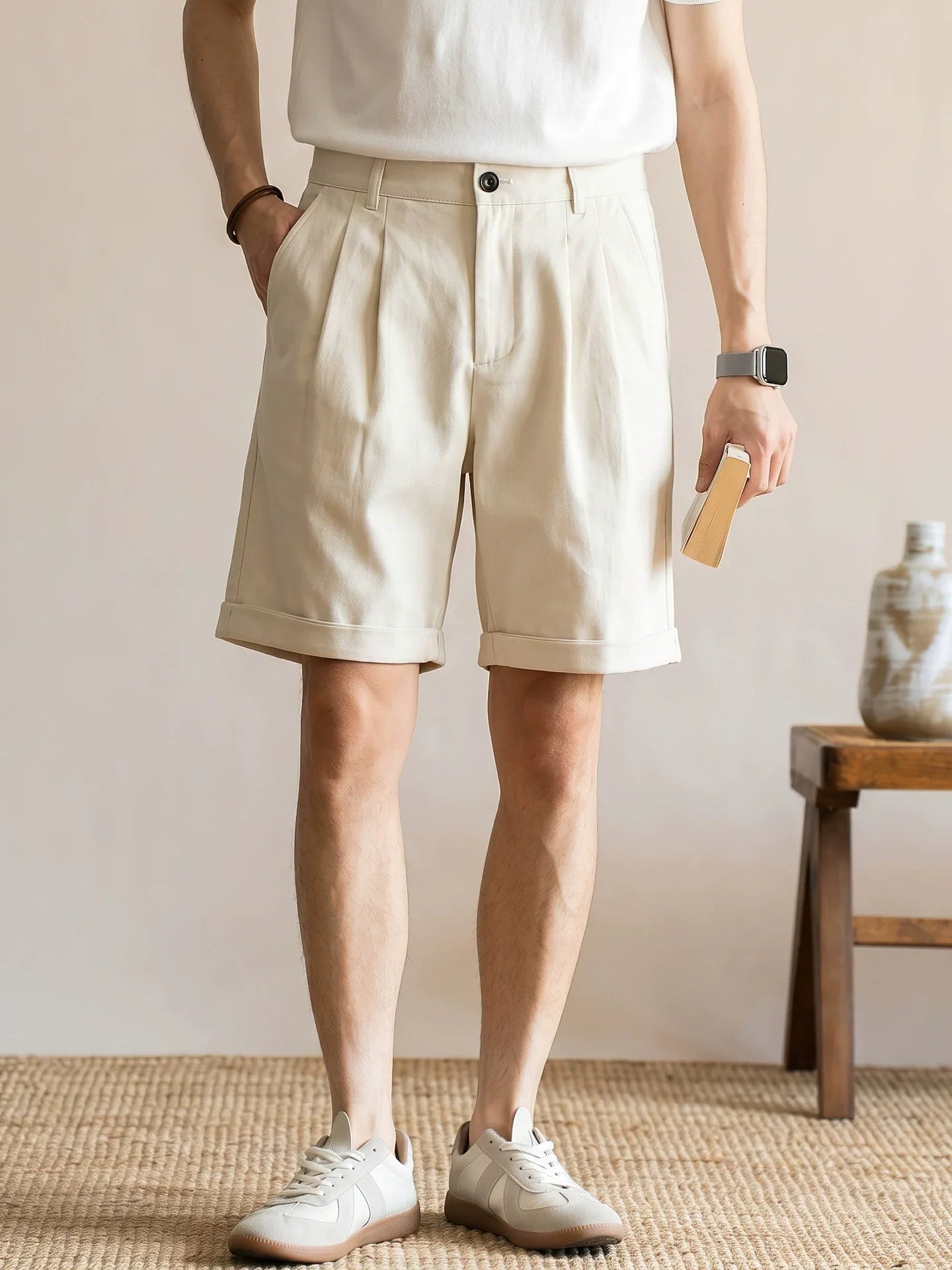Men's Quiet Luxury Japanese Style 57% Lyocell-Cotton Blend Tailored Bermuda Shorts - APRICOT alt
