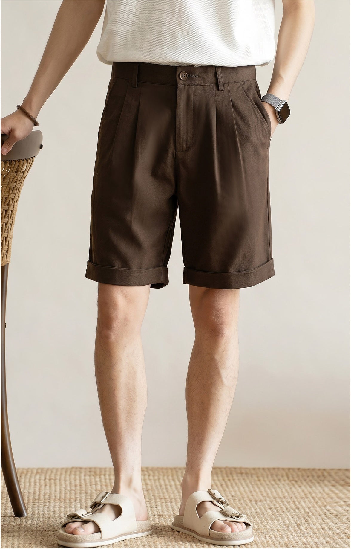 Men's Quiet Luxury Japanese Style 57% Lyocell-Cotton Blend Tailored Bermuda Shorts - BROWN alt