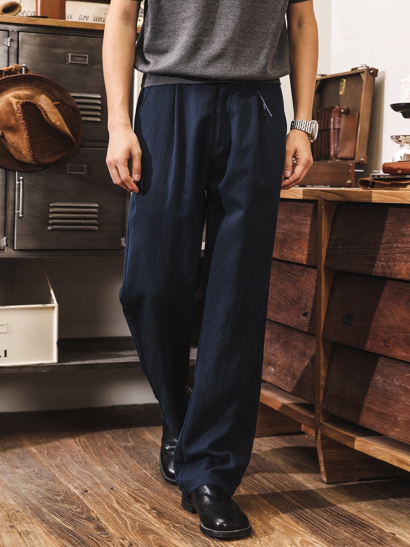 92% Lyocell Straight Leg Casual Pants - NAVYBLUE