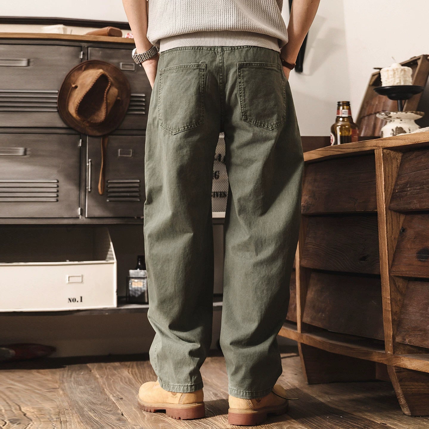 Distressed Seam Sandwashed Baggy Trousers - OLIVEGREEN