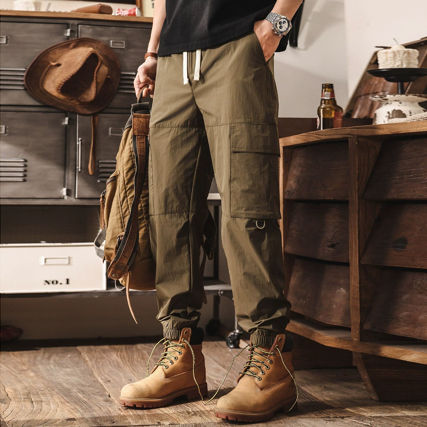 Men’s Quick-Drying Distressed Cotton Cargo Joggers - KHAKI