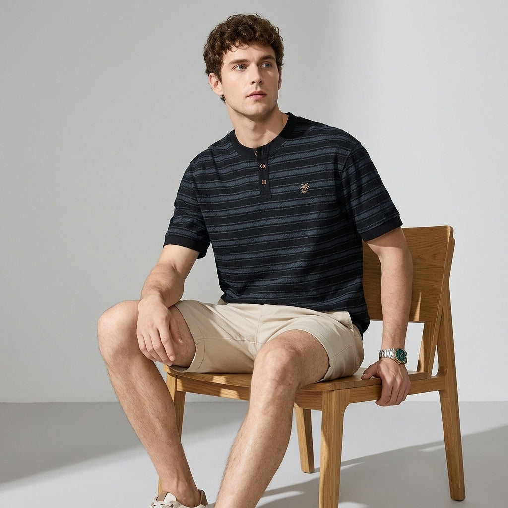 Coastal Heritage Combed Cotton Henley Polo - Black Striped