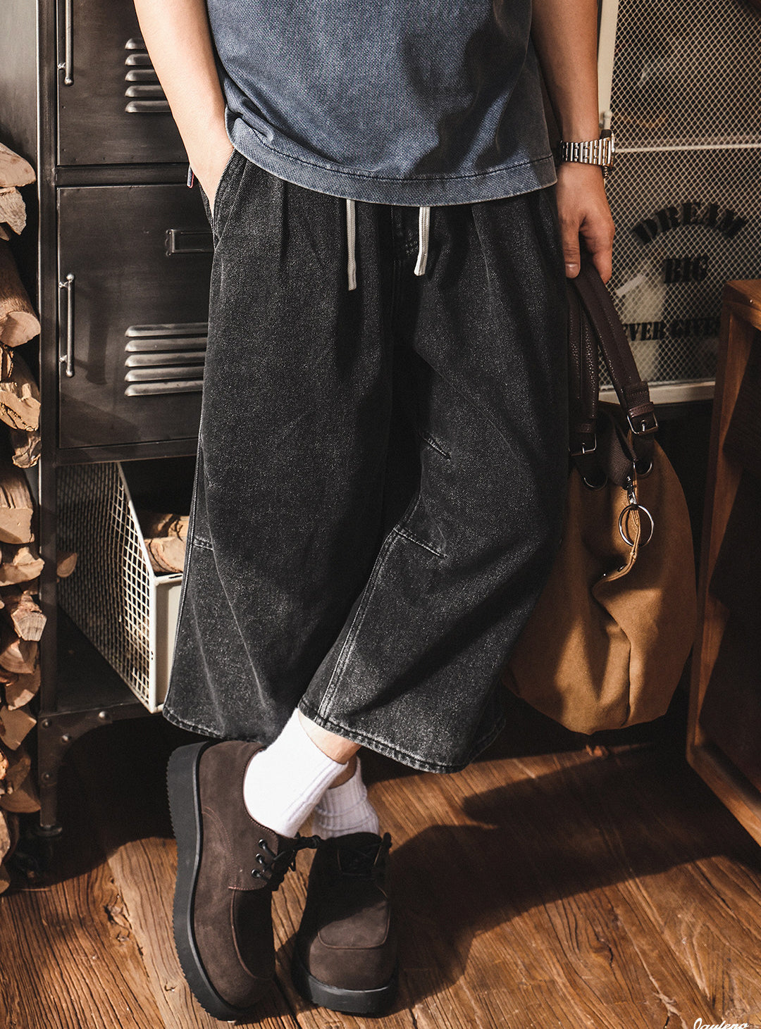 Vintage Wash Relaxed Drawstring Pleated Below Knee Jorts - The Slouchy Baggy Denim Culotte alt