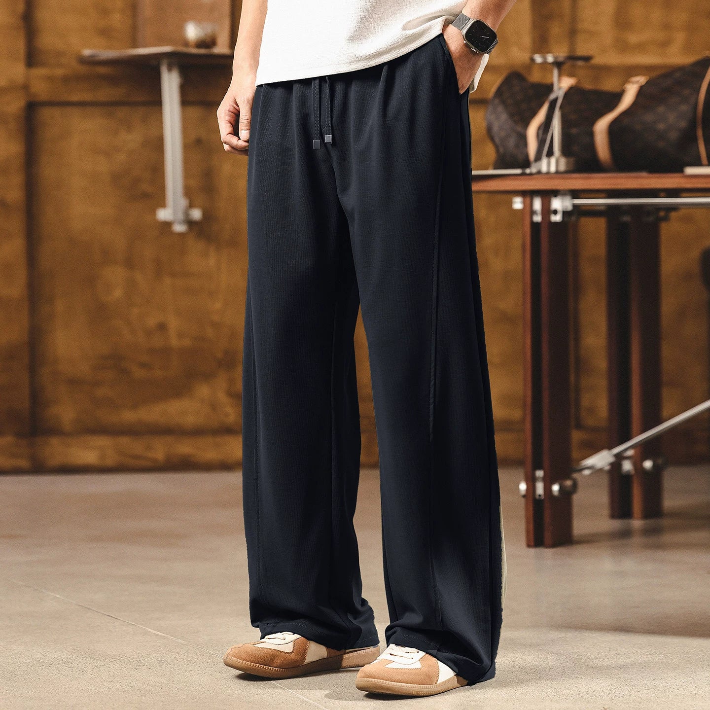 Ice Silk Smooth and Relaxed Wide-Leg Korean Sweat Pants - DARKCHARCOAL