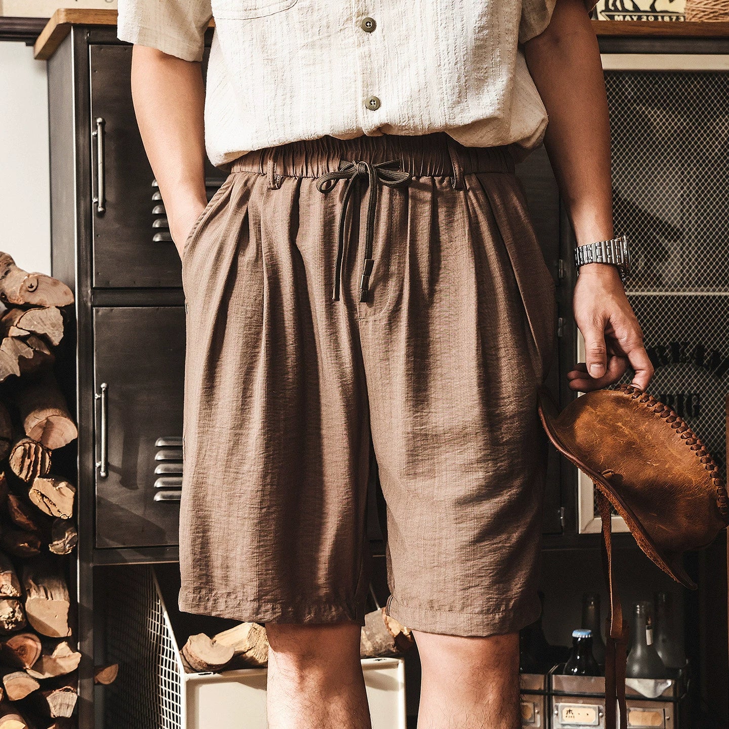 Men’s Linen Viscose Textured Shorts – Loose Fit Drawstring Summer Casual Shorts - MOCHA BROWN