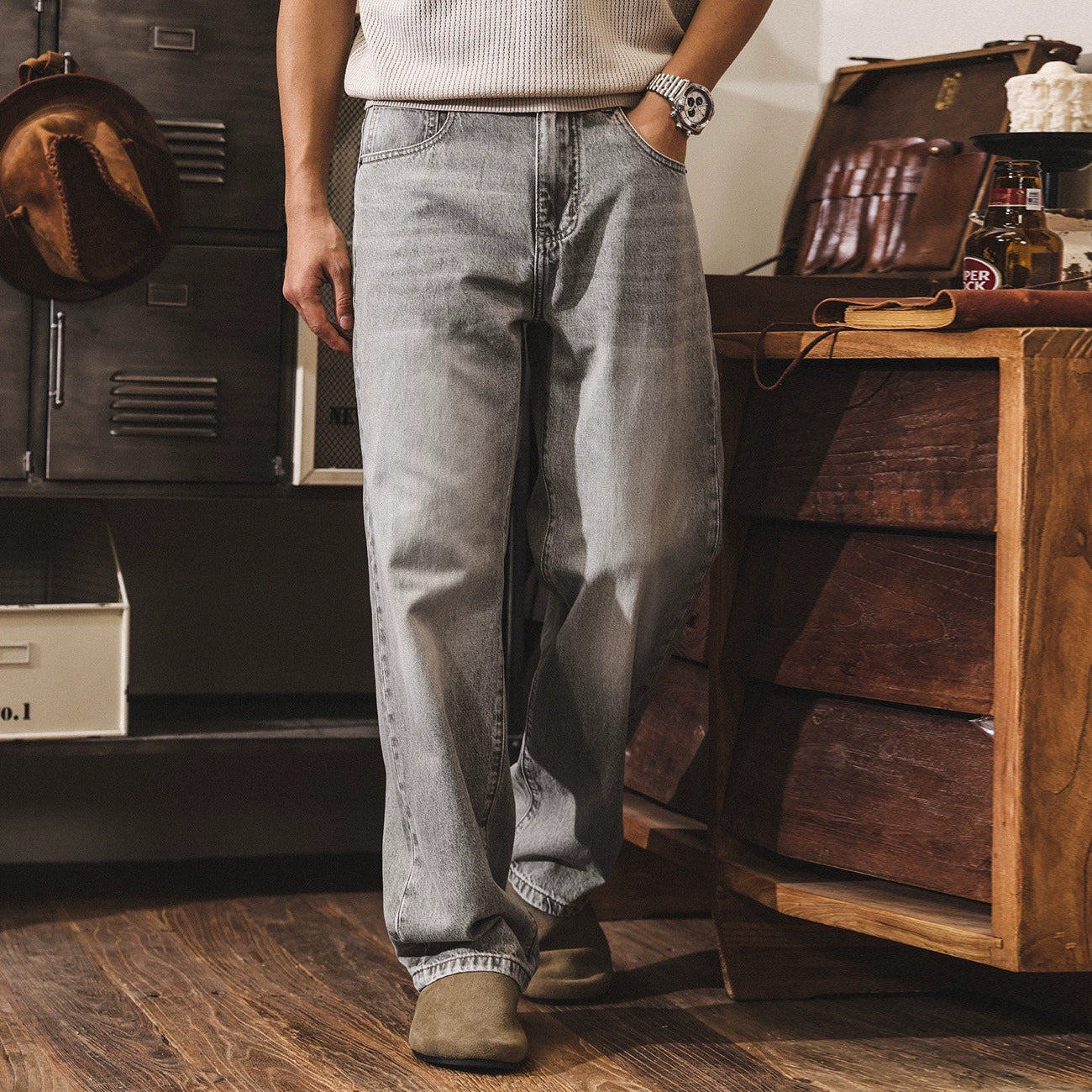 Washed Straight Jeans in Ash Grey