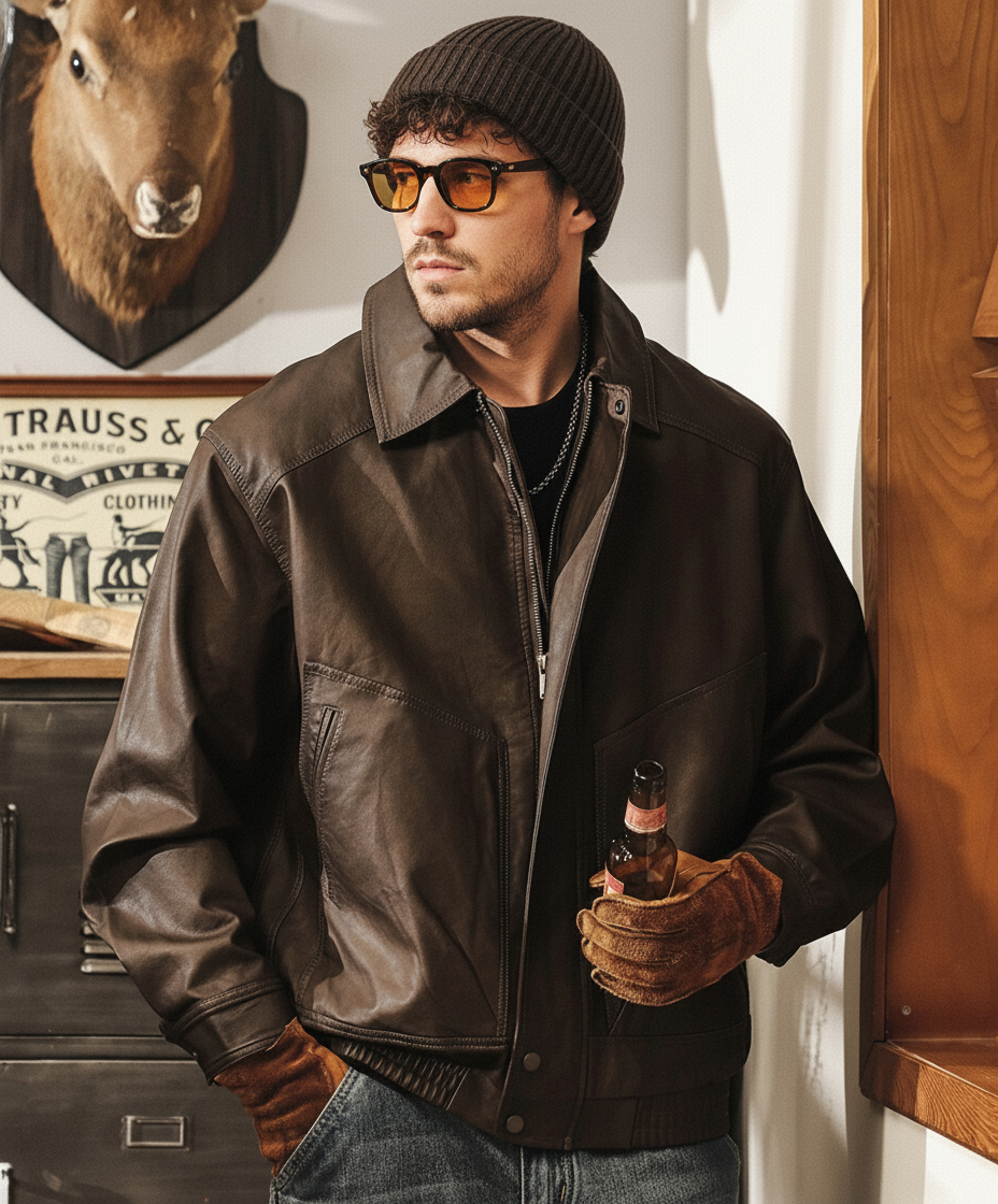 Washed Leather Zip Jacket alt