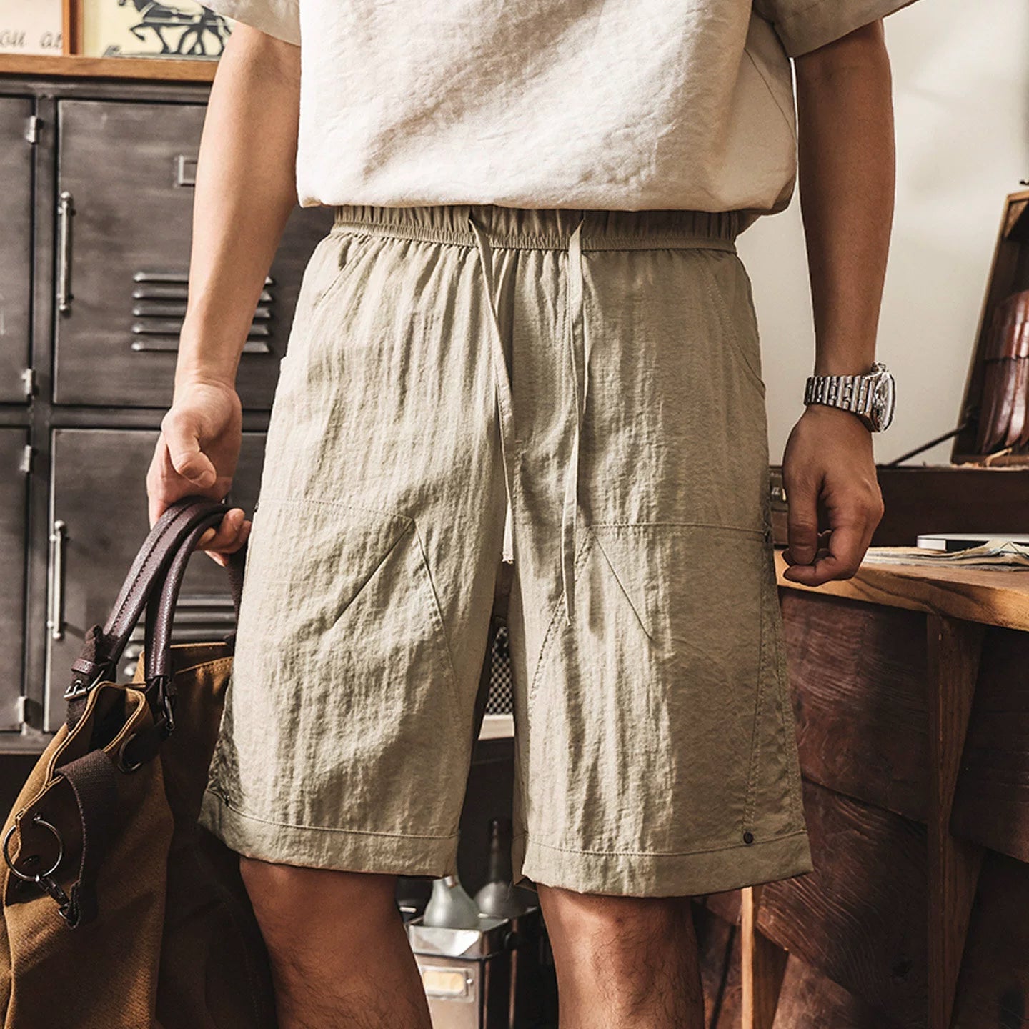Men’s Tencel Linen Work Shorts – Relaxed Fit Drawstring Casual Shorts - KHAKI