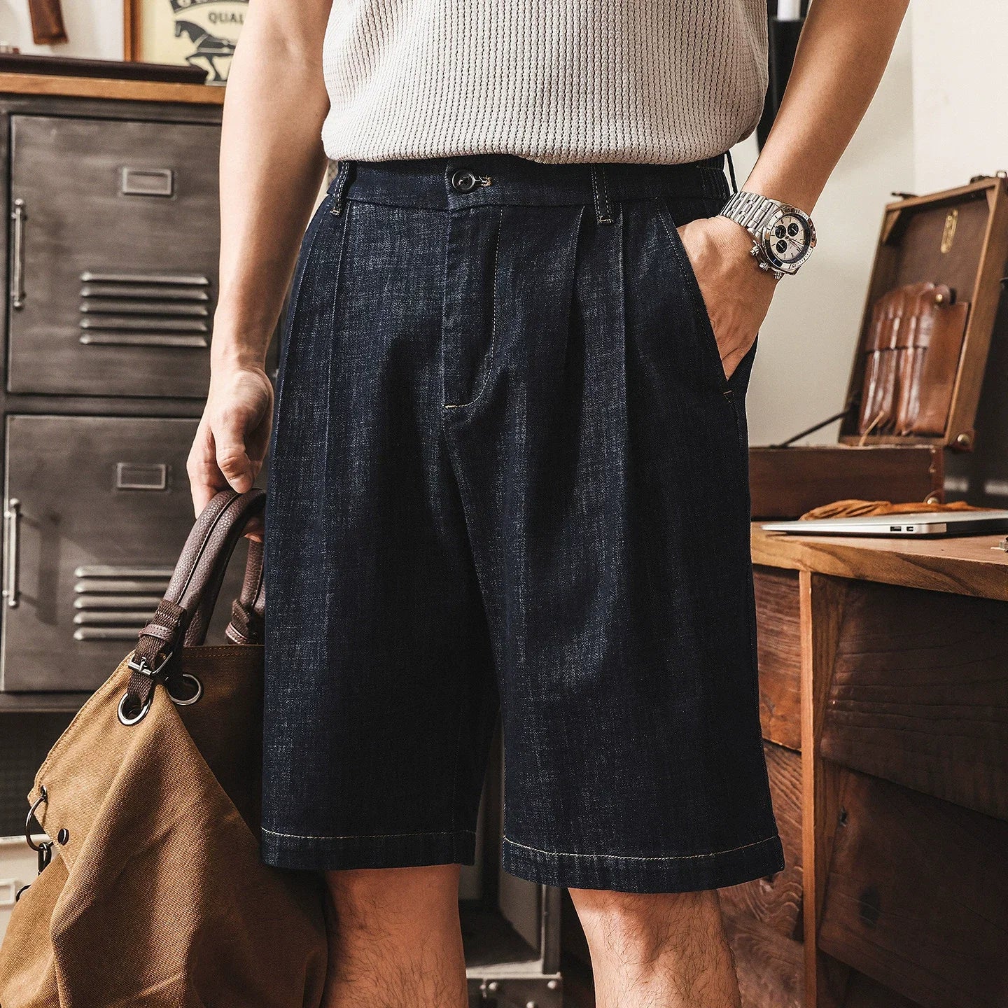Tencel Denim Linen Pleated Casual Shorts - Jorts alt