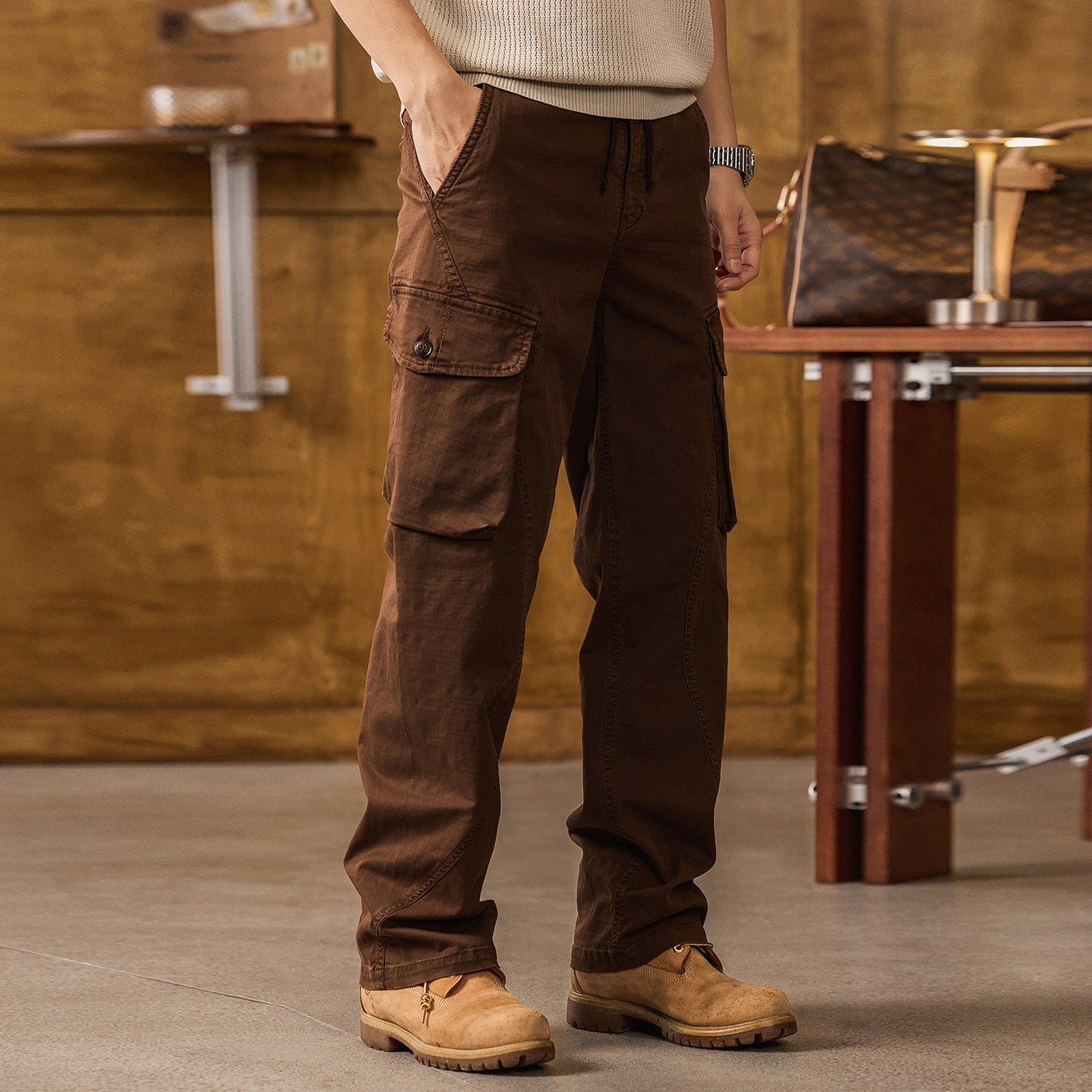 Straight Leg Cotton Wear Resistance Cargo Pants  - COFFEE alt